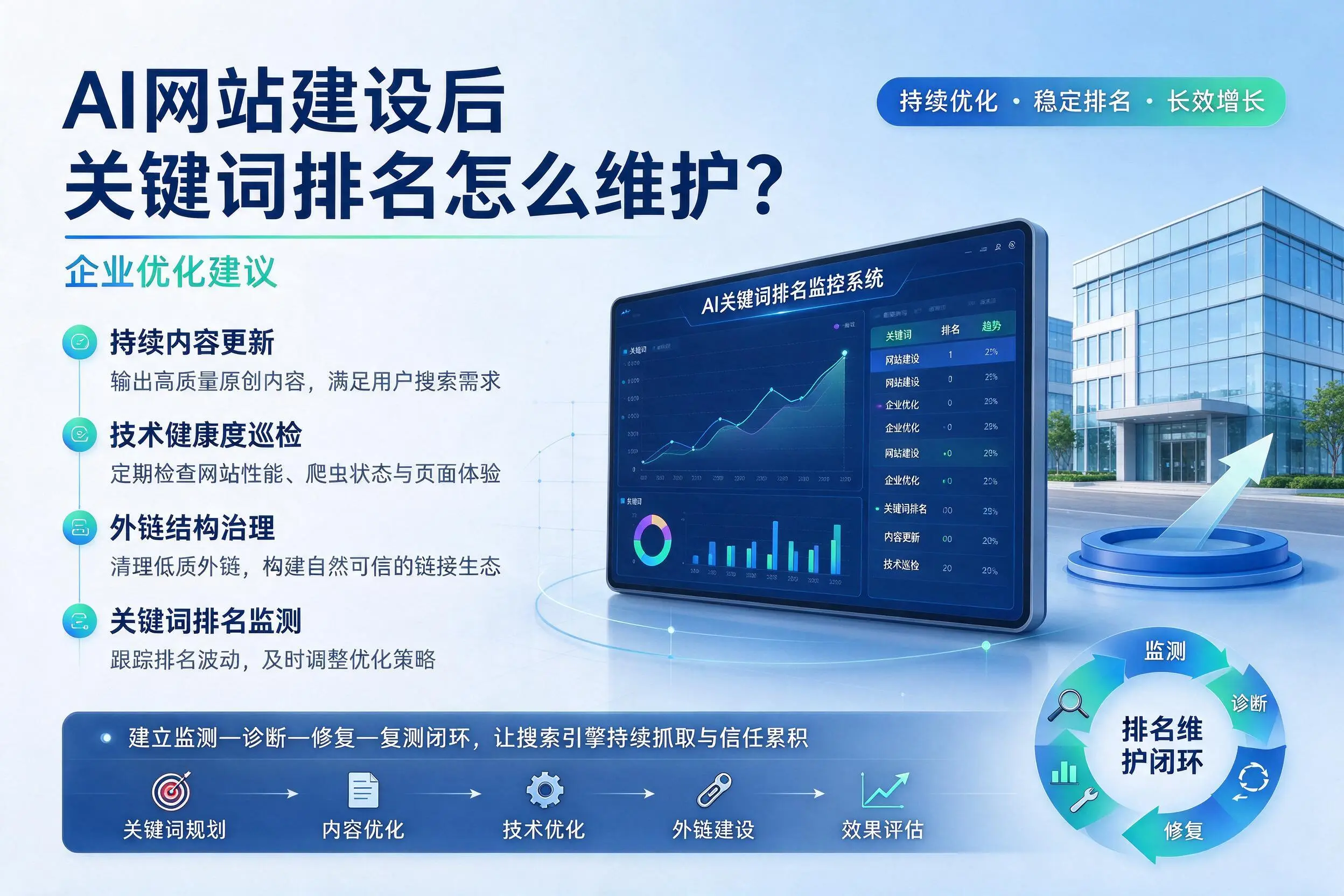 AI网站建设后关键词排名怎么维护?辽阳企业优化建议
