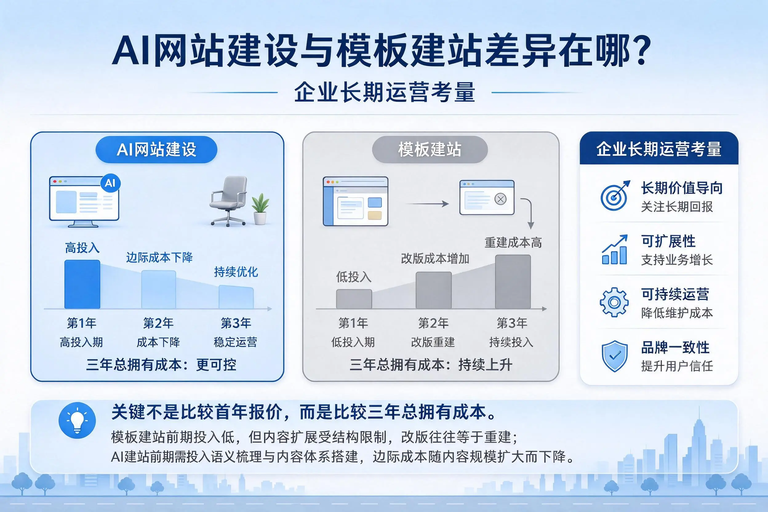 AI网站建设与模板建站差异在哪？辽阳企业长期运营考量