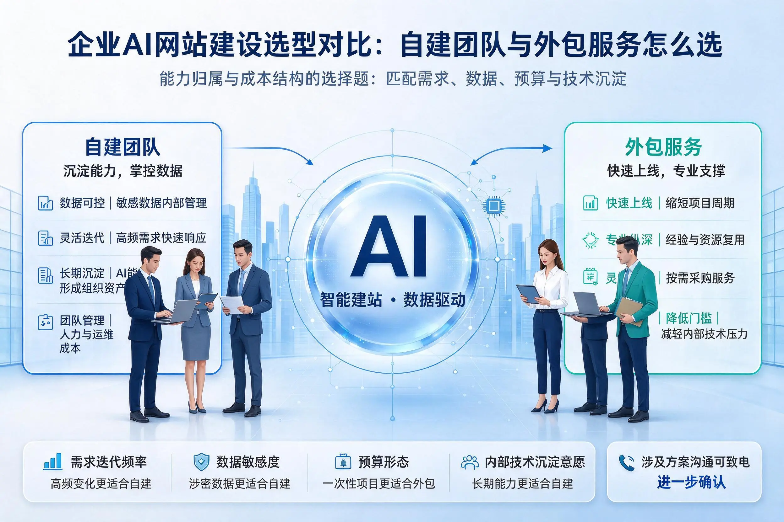 辽阳企业AI网站建设选型对比:自建团队与外包服务怎么选